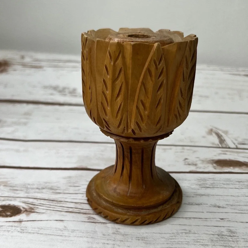 Boho Wood Candlestick Holder Brown Hand Carved Leaf Motif 6in